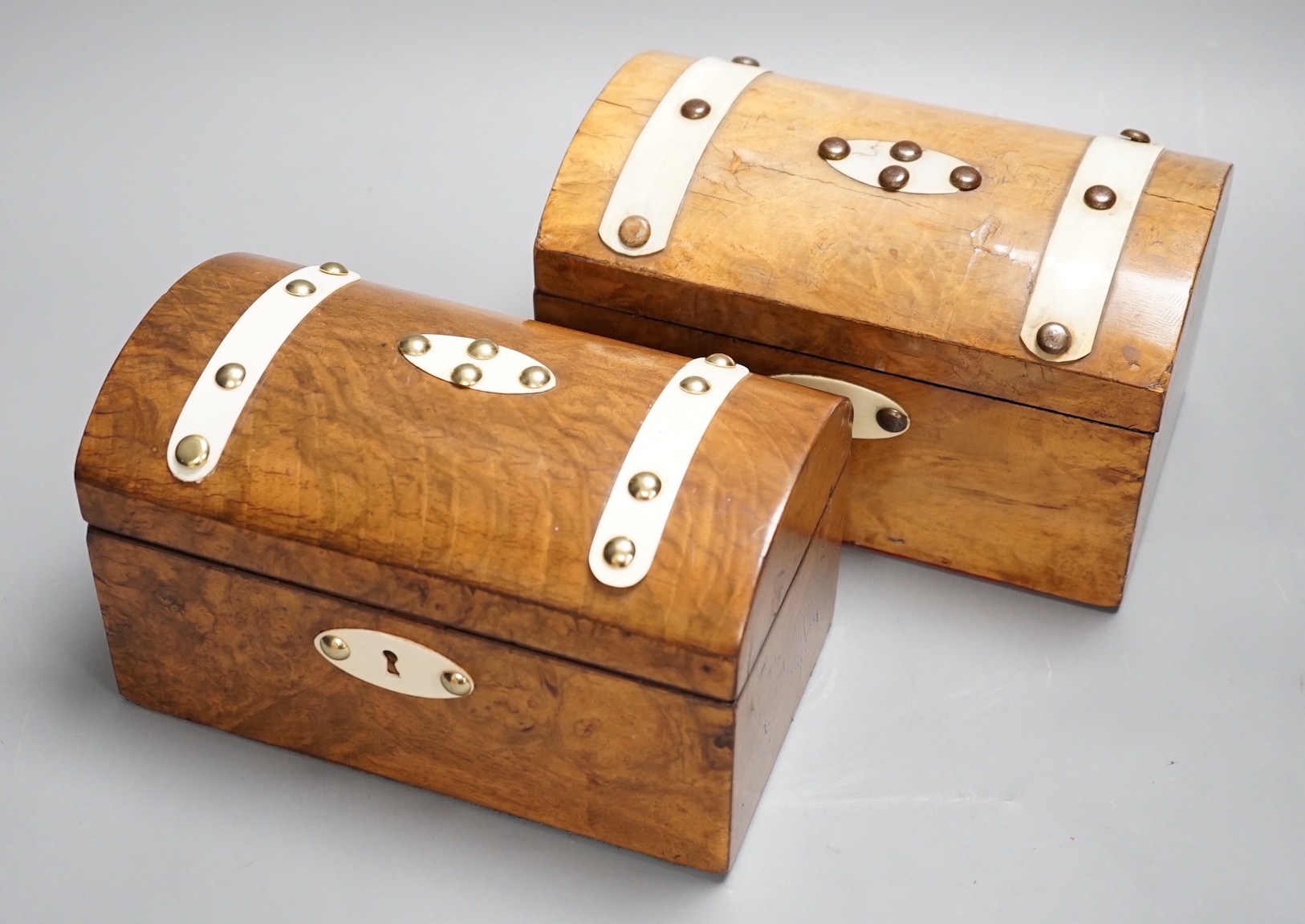 Two 19th century ivory mounted walnut dome topped tea caddies 20cm